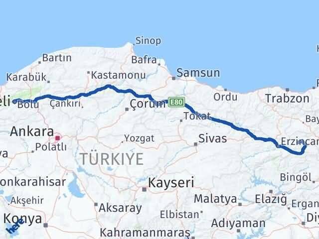 Bolu Çayırlı Erzincan Arası Kaç Km - Yol Haritası