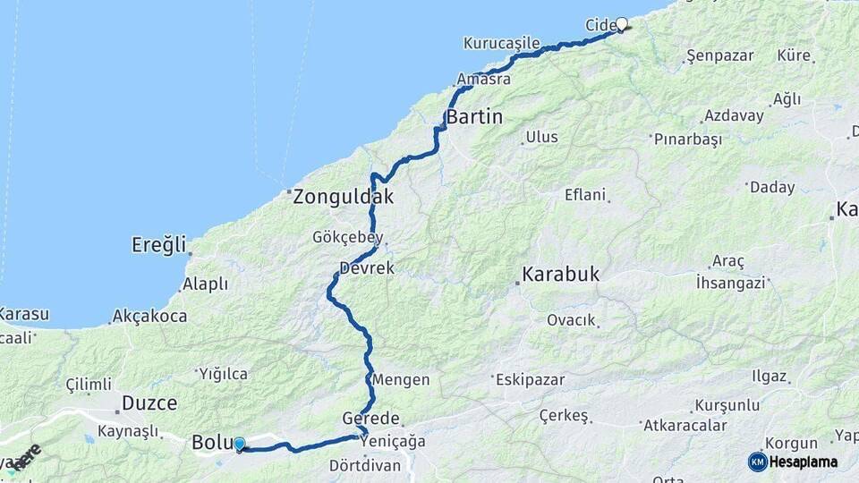 Bolu Cide Kastamonu Arası Kaç Km - Yol Haritası