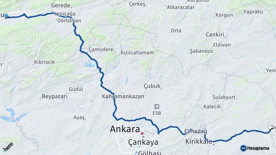 Bolu Delice Kırıkkale Arası Kaç Km - Yol Haritası