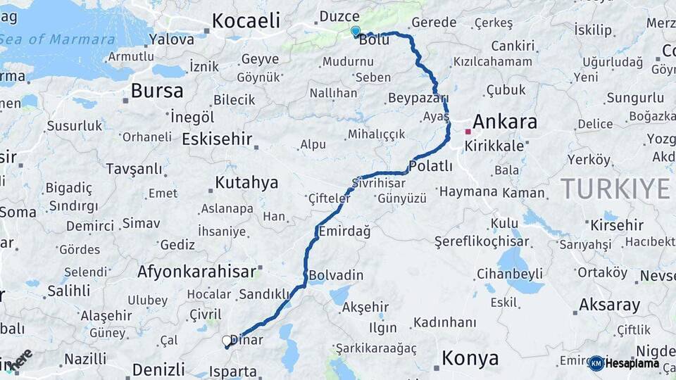 Bolu Dinar Afyonkarahisar Arası Kaç Km - Yol Haritası