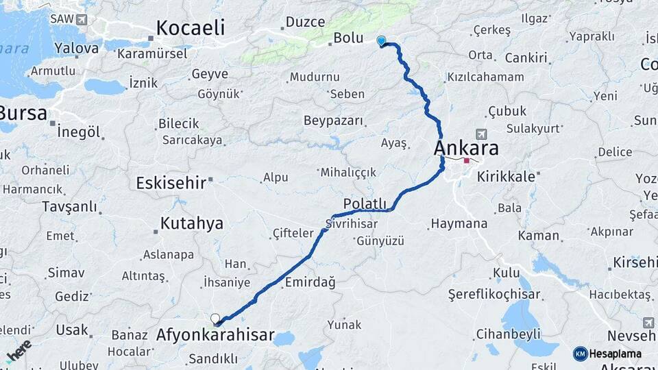 Bolu Dörtdivan Afyonkarahisar Arası Kaç Km - Yol Haritası