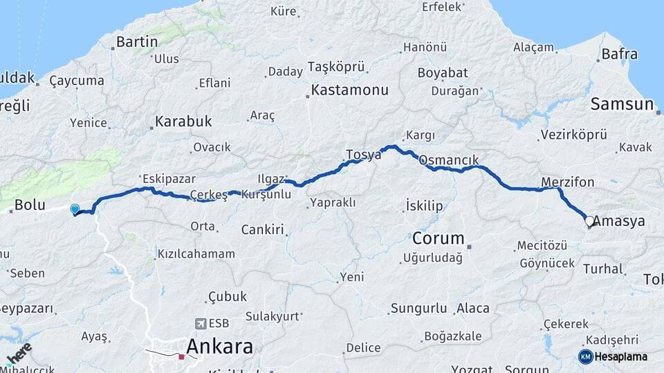 Bolu Dörtdivan Amasya Arası Kaç Km - Yol Haritası
