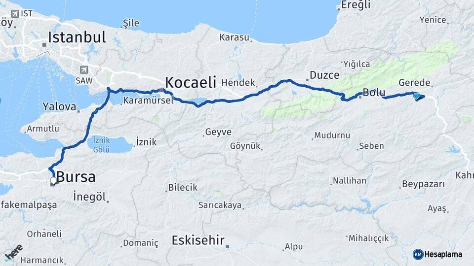 Bolu Dörtdivan Bursa Arası Kaç Km - Yol Haritası