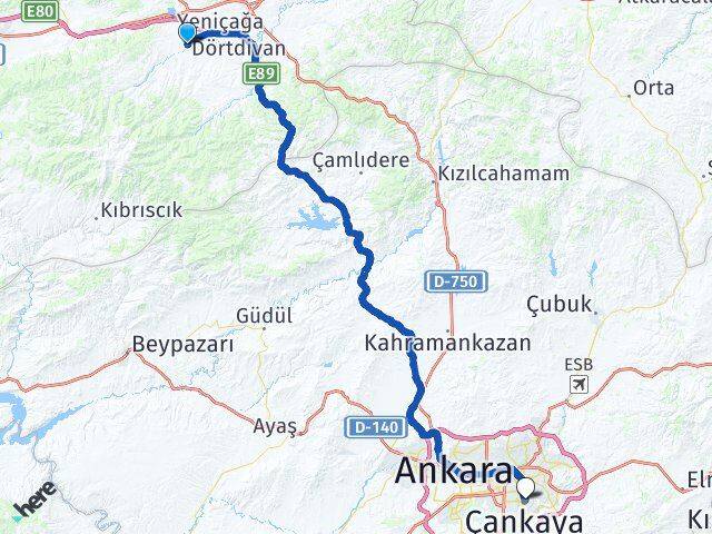 Bolu Dörtdivan Çankaya Ankara Arası Kaç Km - Yol Haritası