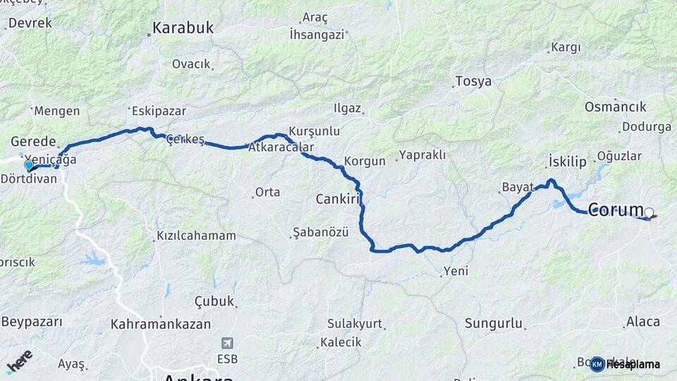 Bolu Dörtdivan Çorum Arası Kaç Km - Yol Haritası