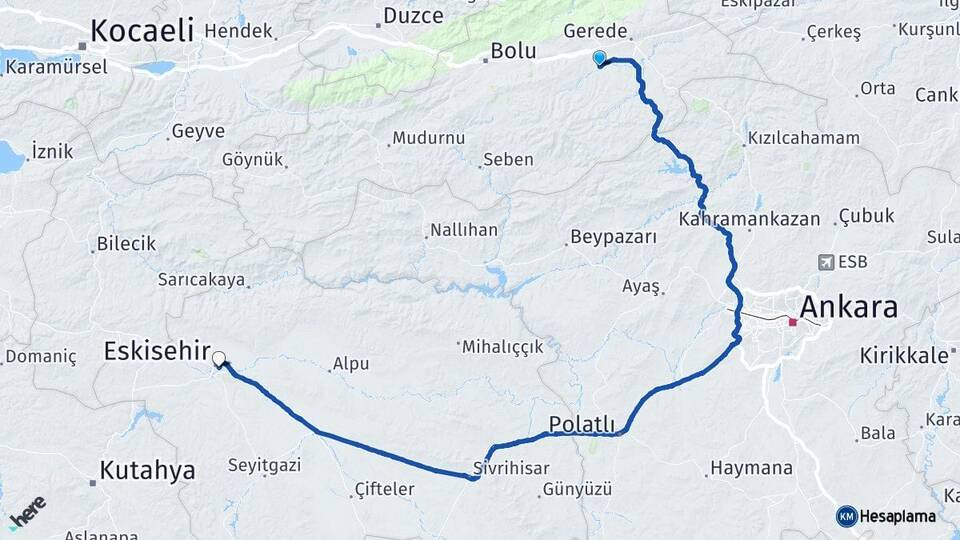 Bolu Dörtdivan Eskişehir Arası Kaç Km - Yol Haritası
