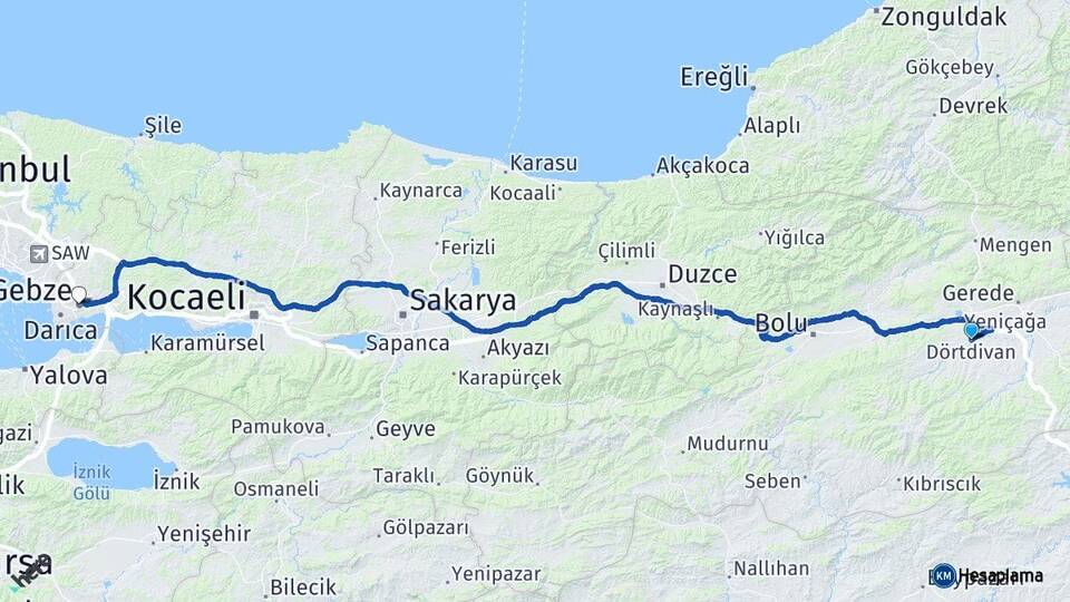Bolu Dörtdivan Gebze Kocaeli Arası Kaç Km - Yol Haritası