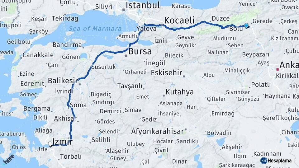 Bolu Dörtdivan İzmir Arası Kaç Km - Yol Haritası