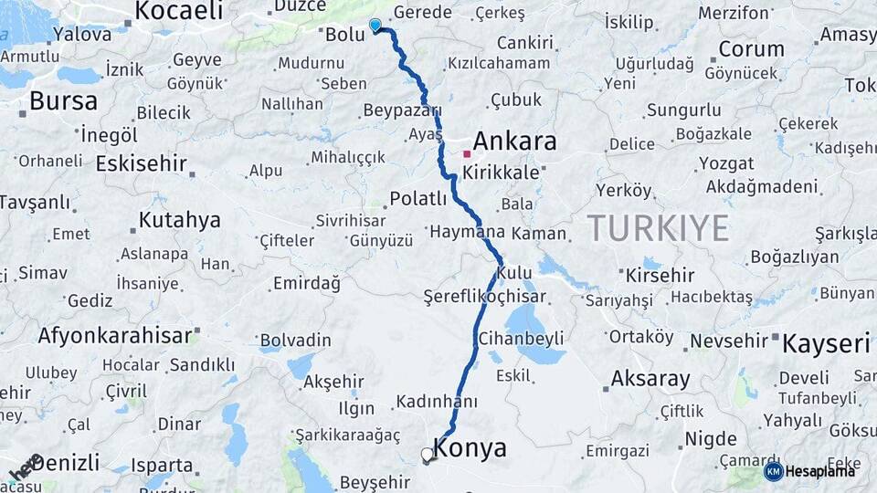 Bolu Dörtdivan Konya Arası Kaç Km - Yol Haritası