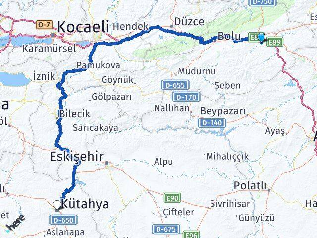 Bolu Dörtdivan Kütahya Arası Kaç Km - Yol Haritası