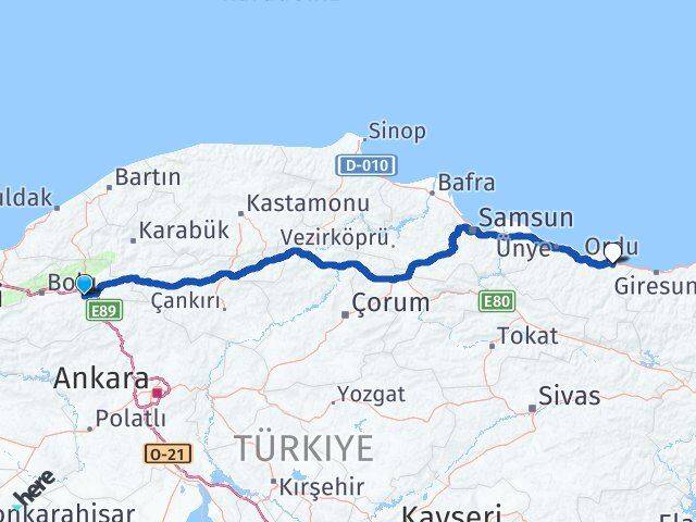Bolu Dörtdivan Ordu Arası Kaç Km - Yol Haritası