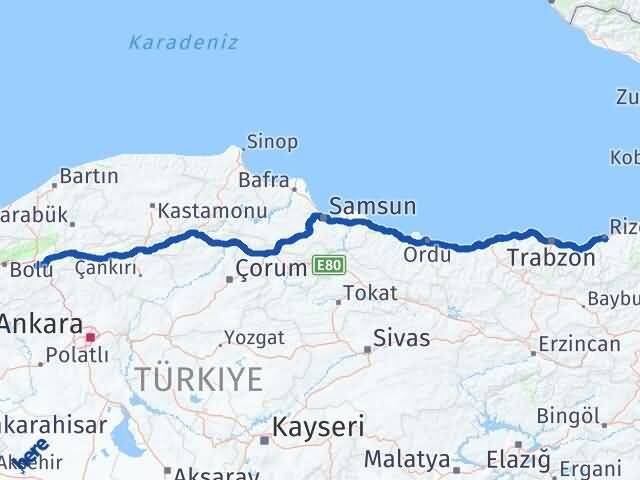Bolu Dörtdivan Rize Arası Kaç Km - Yol Haritası
