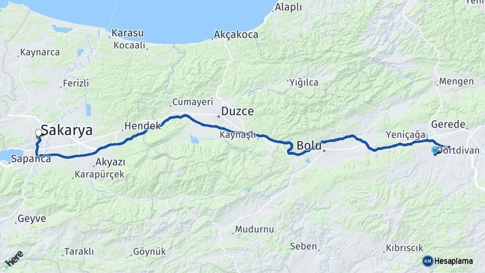 Bolu Dörtdivan Sakarya Arası Kaç Km - Yol Haritası