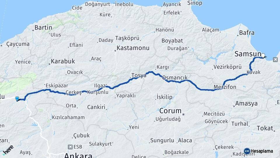 Bolu Dörtdivan Samsun Arası Kaç Km - Yol Haritası
