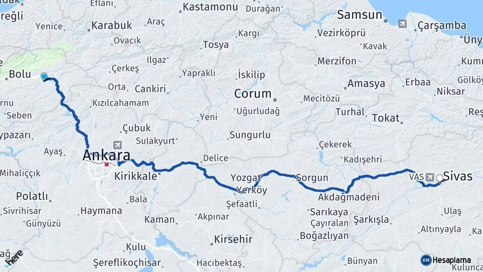 Bolu Dörtdivan Sivas Arası Kaç Km - Yol Haritası