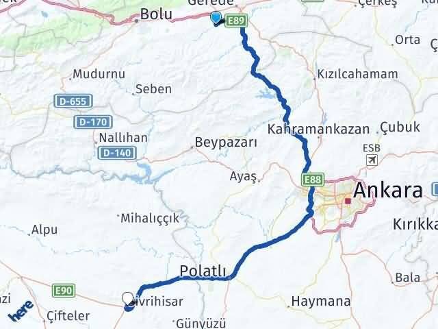 Bolu Dörtdivan Sivrihisar Eskişehir Arası Kaç Km - Yol Haritası