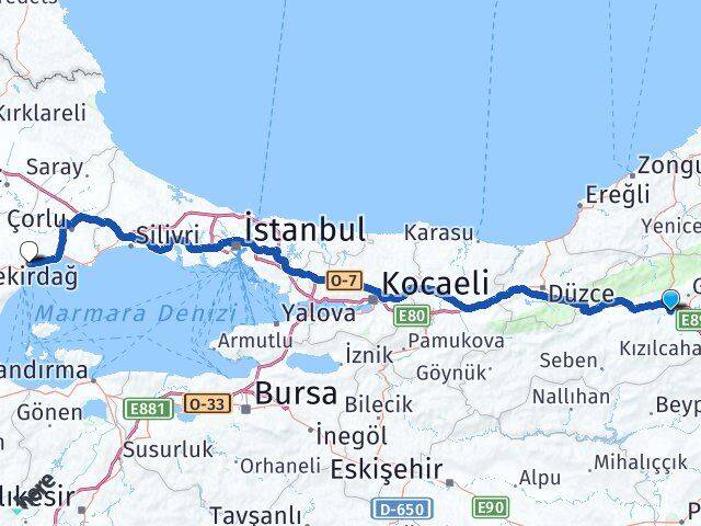 Bolu Dörtdivan Tekirdağ Arası Kaç Km - Yol Haritası