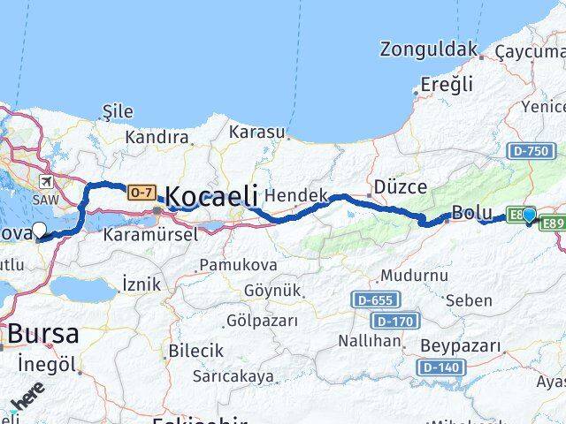 Bolu Dörtdivan Yalova Arası Kaç Km - Yol Haritası