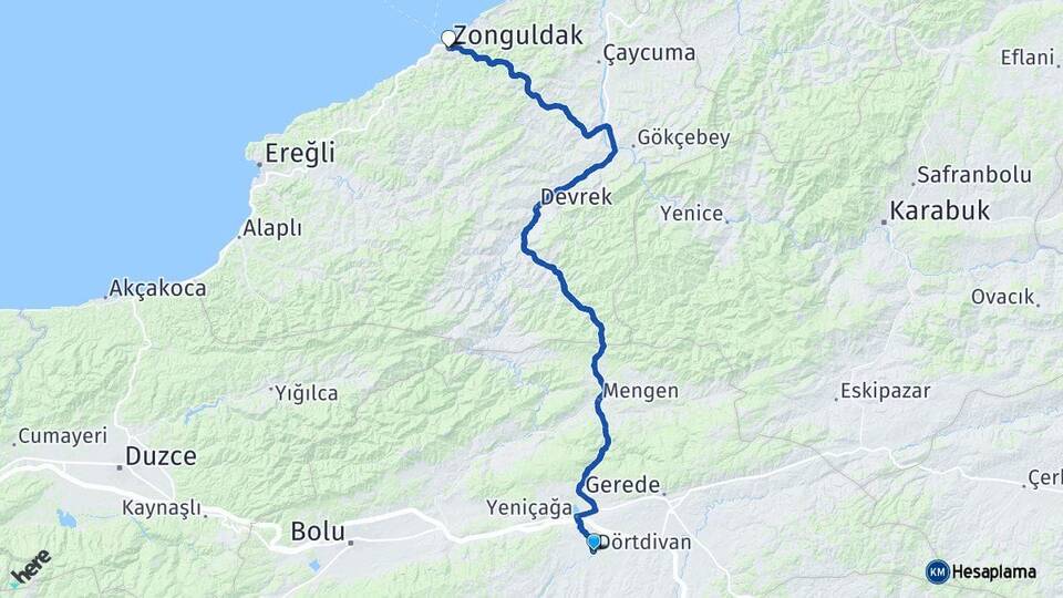 Bolu Dörtdivan Zonguldak Arası Kaç Km - Yol Haritası