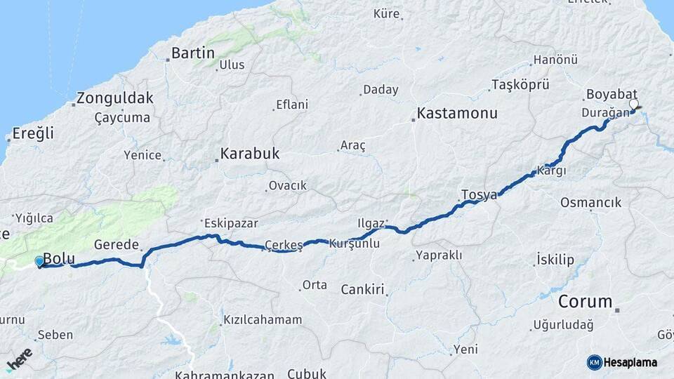 Bolu Durağan Sinop Arası Kaç Km - Yol Haritası