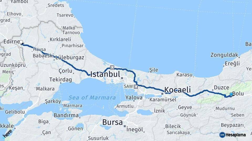 Bolu Edirne Arası Kaç Km - Yol Haritası