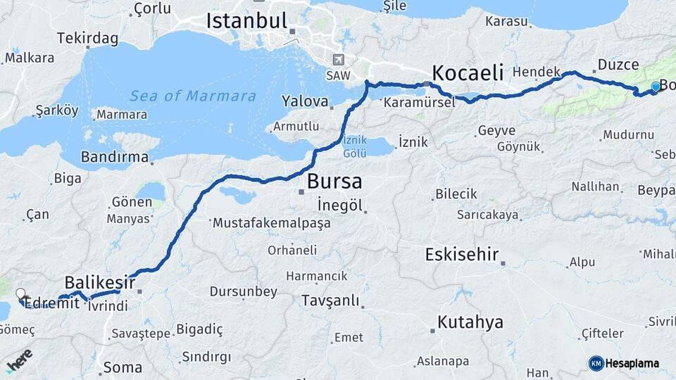 Bolu Edremit Balıkesir Arası Kaç Km - Yol Haritası