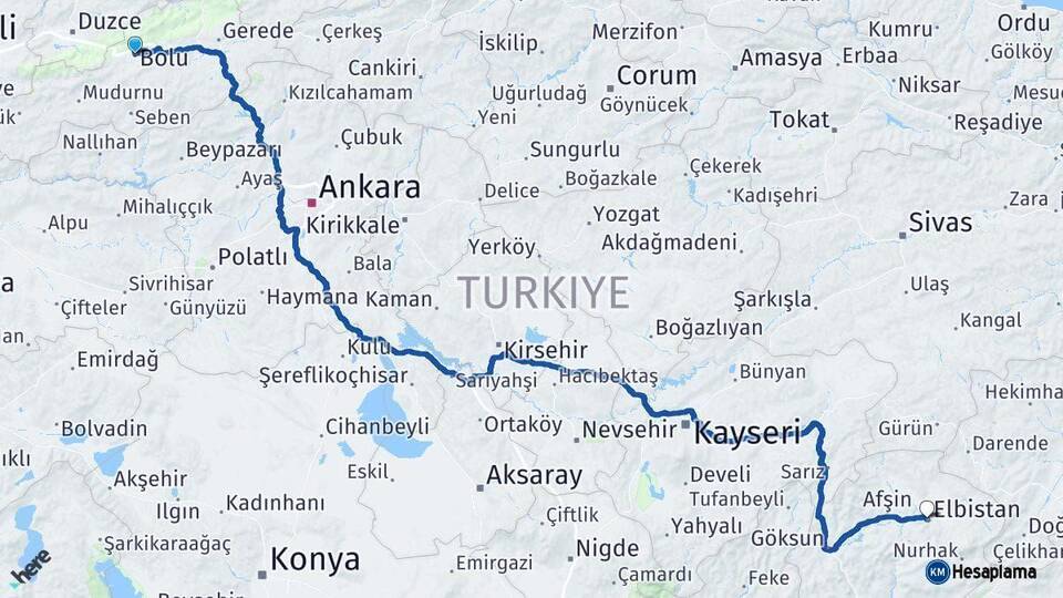 Bolu Elbistan Kahramanmaraş Arası Kaç Km - Yol Haritası