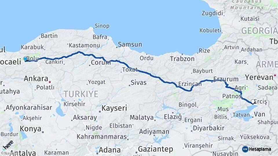 Bolu Erciş Van Arası Kaç Km - Yol Haritası