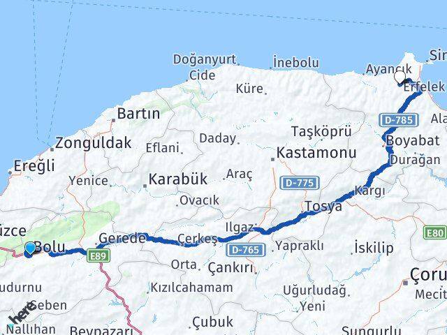 Bolu Erfelek Sinop Arası Kaç Km - Yol Haritası
