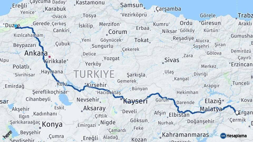 Bolu Ergani Diyarbakır Arası Kaç Km - Yol Haritası