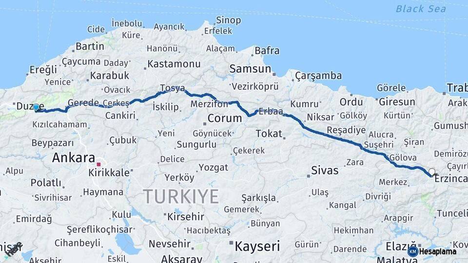 Bolu Erzincan Arası Kaç Km - Yol Haritası