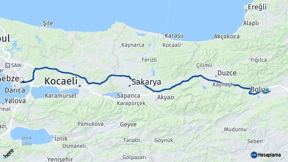 Bolu Gebze Kocaeli Arası Kaç Km - Yol Haritası