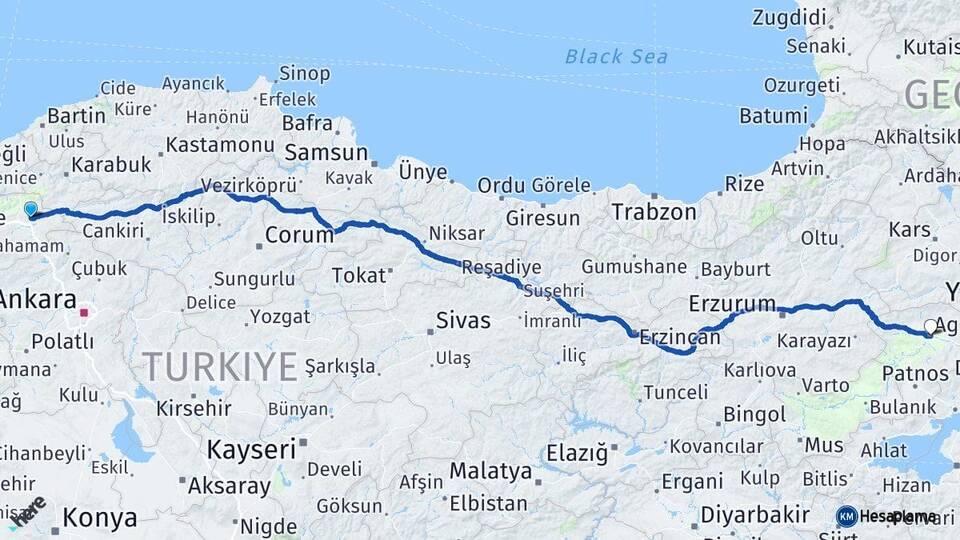 Bolu Gerede Ağrı Arası Kaç Km - Yol Haritası