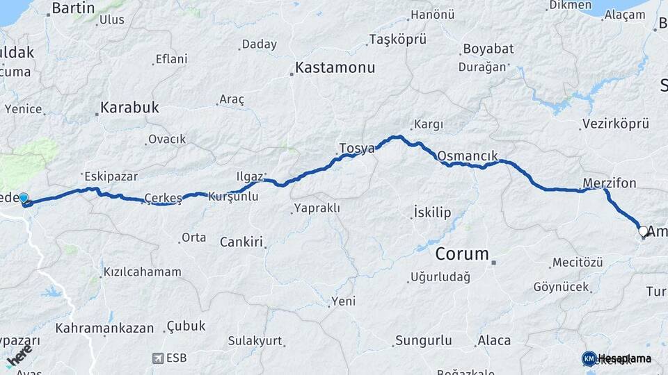 Bolu Gerede Amasya Arası Kaç Km - Yol Haritası