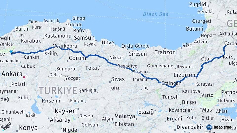 Bolu Gerede Ardahan Arası Kaç Km - Yol Haritası