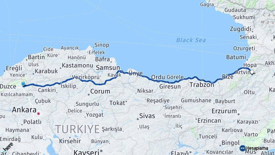 Bolu Gerede Artvin Arası Kaç Km - Yol Haritası