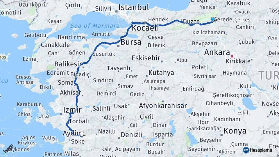 Bolu Gerede Aydın Arası Kaç Km - Yol Haritası