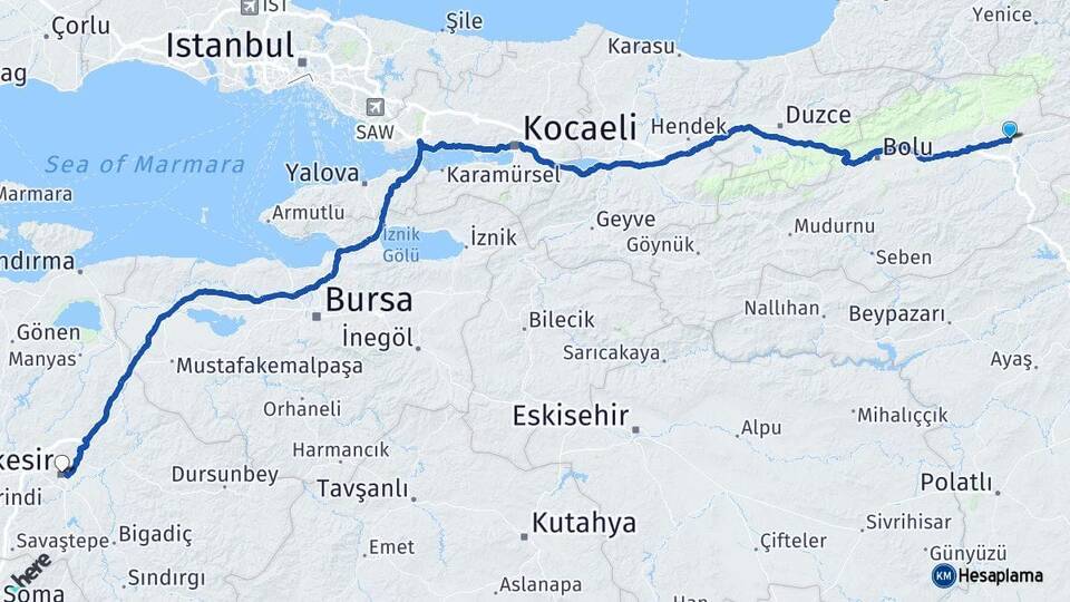 Bolu Gerede Balıkesir Arası Kaç Km - Yol Haritası
