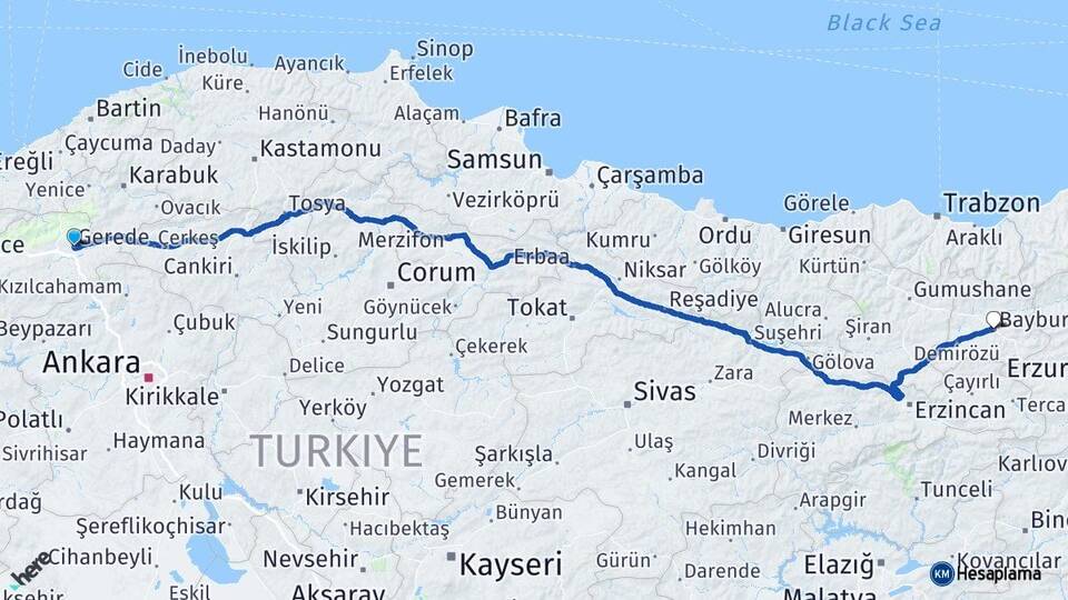 Bolu Gerede Bayburt Arası Kaç Km - Yol Haritası