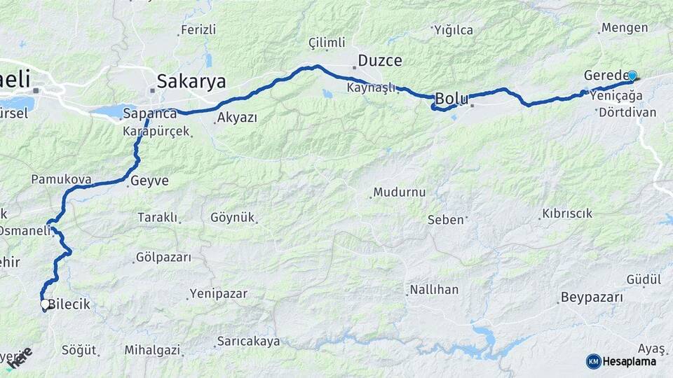 Bolu Gerede Bilecik Arası Kaç Km - Yol Haritası