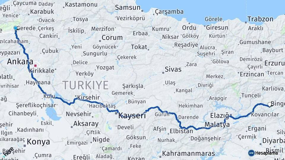 Bolu Gerede Bingöl Arası Kaç Km - Yol Haritası