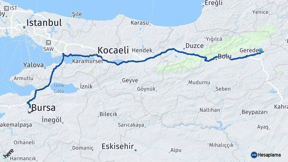 Bolu Gerede Bursa Arası Kaç Km - Yol Haritası