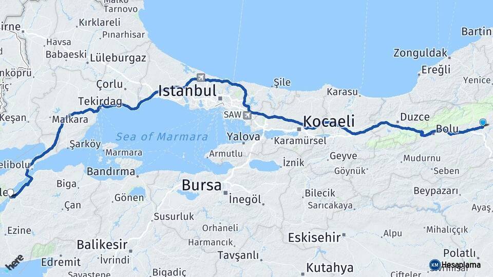 Bolu Gerede Çanakkale Arası Kaç Km - Yol Haritası