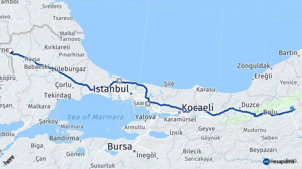 Bolu Gerede Edirne Arası Kaç Km - Yol Haritası