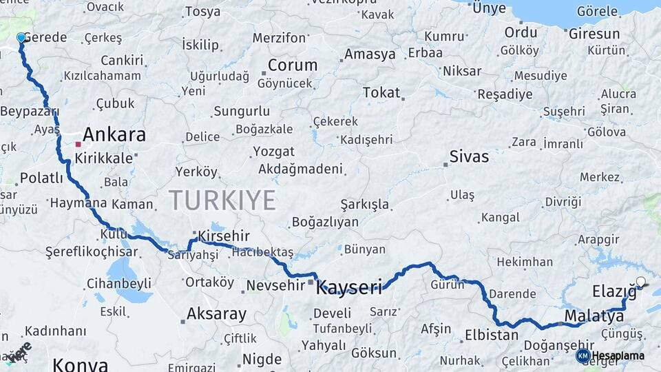 Bolu Gerede Elazığ Arası Kaç Km - Yol Haritası