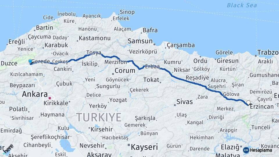Bolu Gerede Erzincan Arası Kaç Km - Yol Haritası
