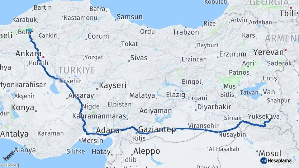 Bolu Gerede Hakkari Arası Kaç Km - Yol Haritası