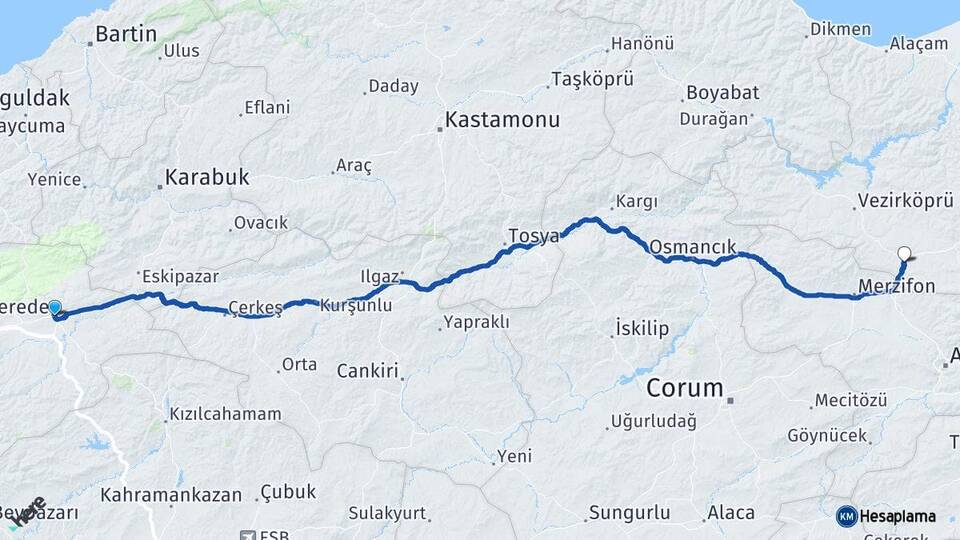 Bolu Gerede Havza Samsun Arası Kaç Km - Yol Haritası