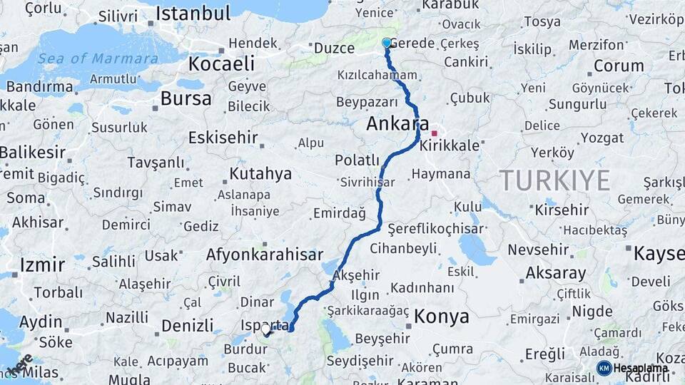Bolu Gerede Isparta Arası Kaç Km - Yol Haritası