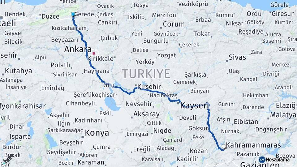 Bolu Gerede Kahramanmaraş Arası Kaç Km - Yol Haritası